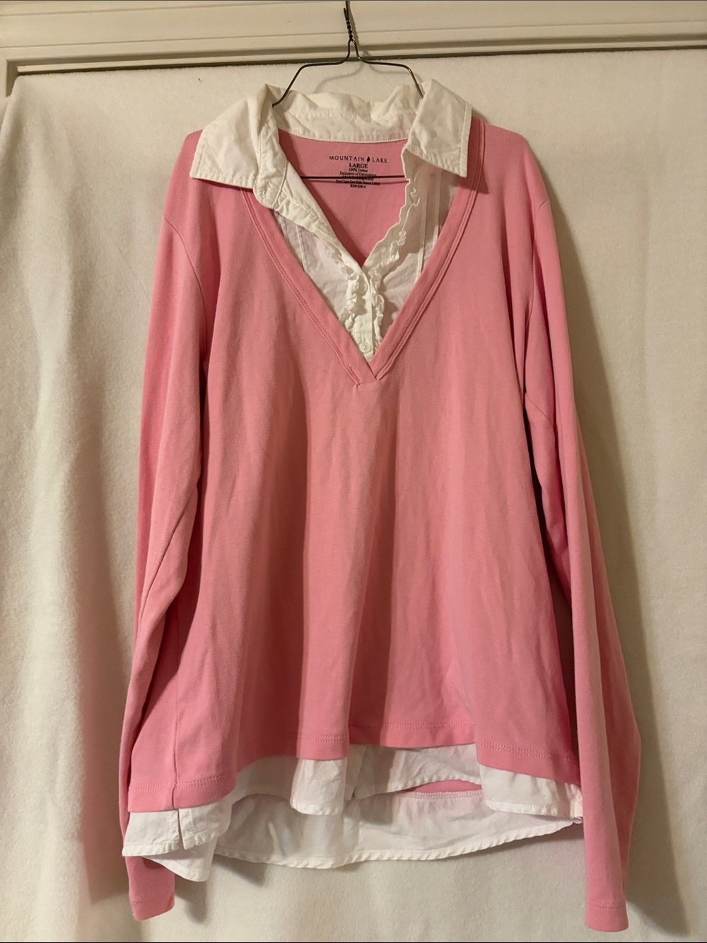 Mountain Lake Pink V‑Neck Layered-Look Pullover with White Mock Shirt